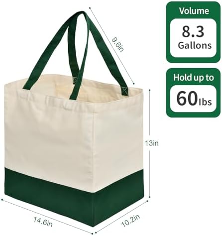 Reusable Grocery Bags Heavy Duty, 8.3 gal Foldable Large Canvas Tote Bag with Handles, Holds 60 lbs Canvas Shopping Bags, 1 Pack（Retro Green） - Image 4