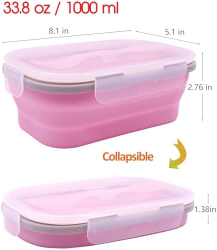 2 Pack Collapsible Silicone Bento Lunch Boxes With Lids Spoon Fork, 33.8oz, Meal Prep Food Storage Containers, Durable, Safe in Microwave, Dishwasher and Freezer, BPA Free (Yellow and Pink) - Image 6