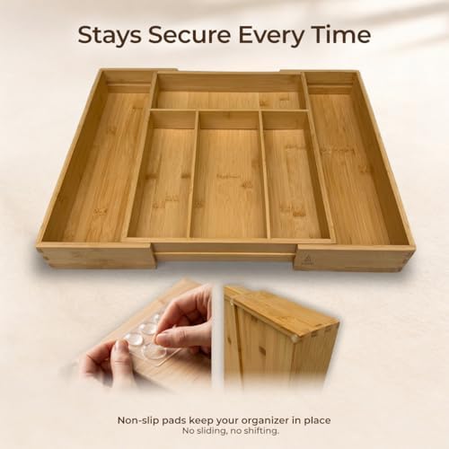 Expandable Bamboo Drawer Organizer for Kitchen Utensils, Adjustable Silverware Organizer, Natural Bamboo Cutlery Tray with Kitchen Labels & Non-Slip Pads - Image 5