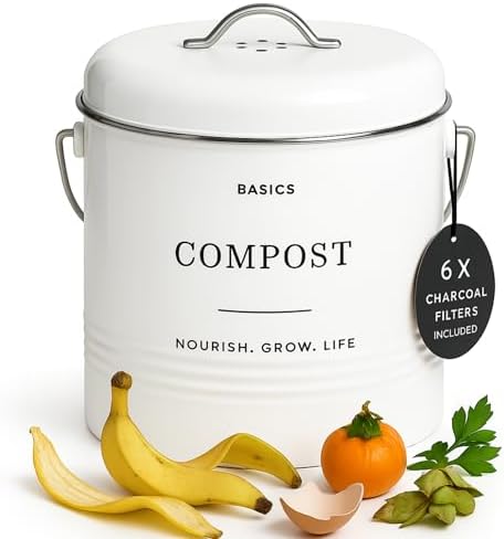 D'Lifeful Kitchen Compost Bin – 1.3 Gallon Countertop Farmhouse Compost Container with Lid – Odorless Indoor Food Scrap Pail with 6 Charcoal Filters – Eco-Conscious and Easy to Clean (White) by DLifefulHomewares