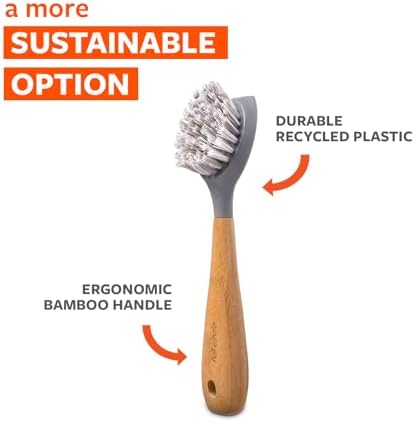 Full Circle, Bubble Up Bamboo Dish Brush, Comfortable Palm Scrubber for Kitchen Dishwashing, White, 1 Count & Tenacious C Cast Iron Brush and Scraper with Bamboo Handle - Image 6