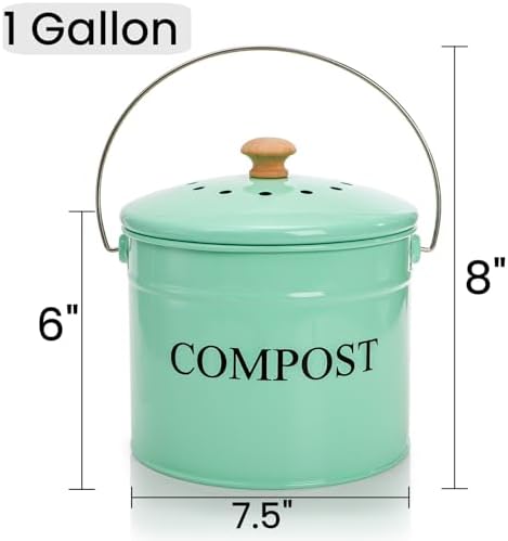 AVLA Kitchen Compost Bin, 1 Gallon Countertop Food Waste Container, Odorless Composter Bucket with Lid and Charcoal Filter, Indoor Metal Composting Pail, Mint Green - Image 2