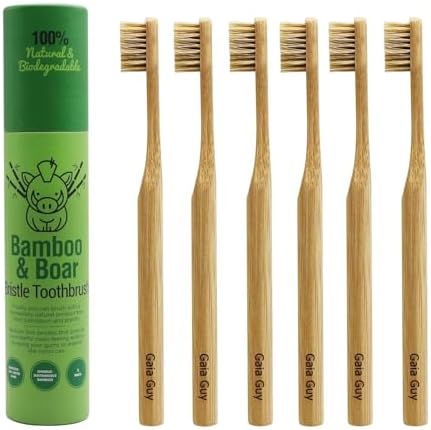 Gaia Guy Boar Bristle Bamboo Toothbrushes – 6 Pack Adult Toothbrush Set – No Nylon, Plastic-Free Natural Bristles, Bamboo Handle, Made from Natural Materials, Eco-Friendly Oral Care by GaiaGuy
