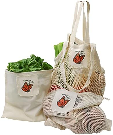 "Help Us Soar" Simple Ecology Organic Cotton Reusable Monarch Butterfly Gift & Starter Set (string produce saver bags, food storage, bulk bin, with tare weight tag and drawstring, waste free) by Simple+Ecology