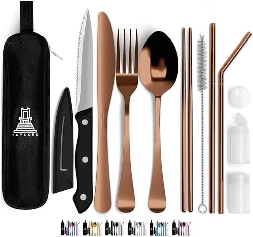 Taplord Portable Travel Silverware Set With Case, Includes 10 Pcs of Travel Utensils With Case, Stainless Steel Flatware Set For Camping, Lightweight (Rose Gold) by Taplord