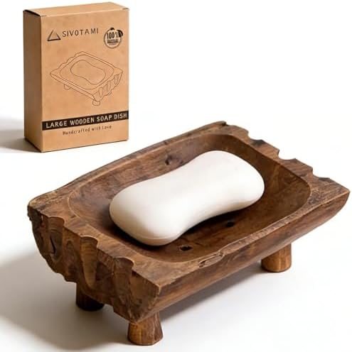 Large Rustic Teak Wood Soap Holder, Farmhouse Wooden Soap Dish,Decorative Bathroom Shower Soap Holder, Handmade Kitchen Countertop Soap Stand with Draining Holes by SIVOTAMI