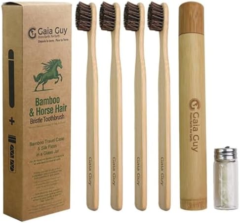 Gaia Guy Bamboo and Horsehair Bristle Toothbrush (4 Pack) + Travel Case & Silk Dental Floss | 100% Compostable Bristles and Floss | Eco-Friendly Dental Set | Biodegradable Wooden Toothbrushes by GaiaGuy