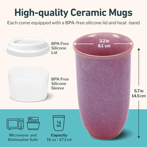 NOVA CERAMICS Coffee Travel Mug – Cup Holder Friendly Travel Mug– Microwave & Dishwasher Safe White & Purple Tumbler - Coffee Mug Fits In Cup Holder – 16oz – Astral Bloom - Image 3