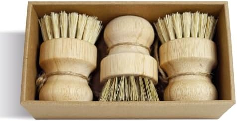 Bamboo Pot & Pan Cleaning Brush Set - 3 Pack Natural Dish Brushes Bamboo Scrub Dish Brushes, Durable Scrubber for Kitchen Pots, Pans, Vegetables & Fruit by CRrrrJIC