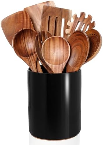 Wooden Cooking Utensils Set with Ceramic Holder,10pcs Teak Wood Utensils by Nucookery
