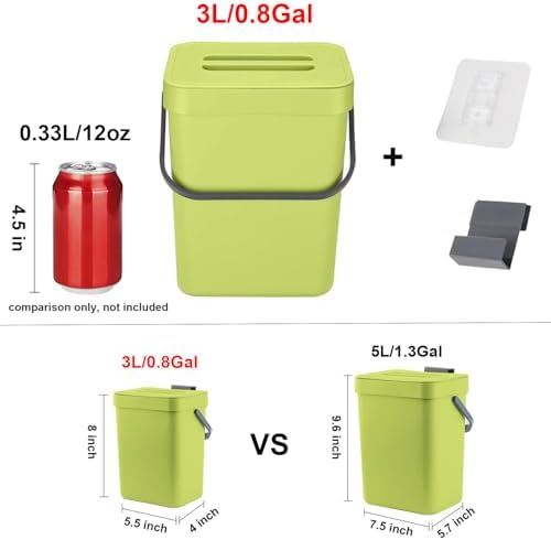 LALASTAR Food Waste Basket Bin for Kitchen, Small Countertop Compost Bin with Lid, Odor-Free Food Scrap Container, Wall Mounted Garbage Can, 3L/0.8 Gal, Green - Image 3