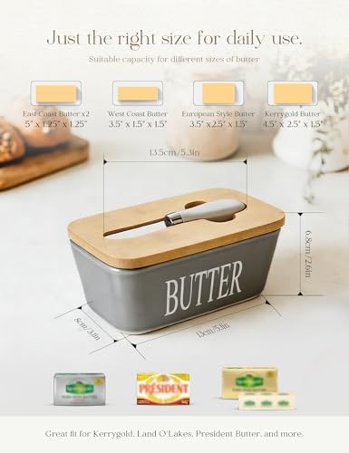 Ceramic Butter Dish with Lid and Knife & Silicone Seal for Countertop Grey - Image 2