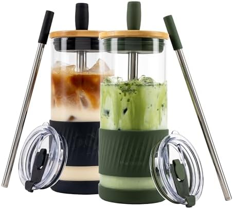Pandaloo® Glass Cups With Lids and Straws -20 Fl Oz- Perfect Size Iced Coffee Cup - Smoothie Cup With Bamboo Lid and On the go Lid - (2 Count (Pack of 1), Black Saphir-Mediterranean Olive) by Pandaloo