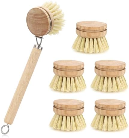 Dish Brush with Handle, Replaceable Natural Bamboo Vegetable Brush with 5 Sisal Brush Heads and Hanging Hook, Multipurpose Kitchen Scrubber for Pots, Pans and Cutting Boards (Natural Wood Colour) by Unknown