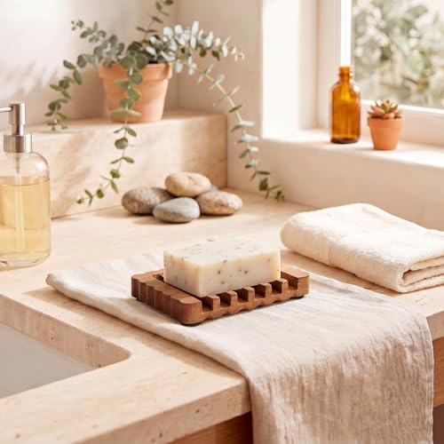 Jinei 1 Pcs Scalloped Wood Soap Dish 4.72 x 2.95 x 0.59 Inch Sapele Bar Soap Holder with Self Draining Non-Slip Point Design Sponge Saver for Shower Bathroom Kitchen - Image 4