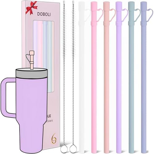 Reusable Replacement 12 inch Long Silicone Straw With Cover, Stocking Stuffers Gifts for Women Men Teens Girls Boys, Compatible with Stanley Tumbler Cup Accessorie 40 oz 30 oz (6 Pack) by Doboli