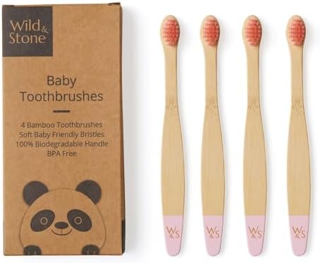 Wild & Stone Organic Baby Bamboo Toothbrushes | 4 Pack | Soft Bristles | 100% Compostable Handle | BPA Free | Vegan Baby Toothbrushes (Baby Pink) by Wild+%26+Stone