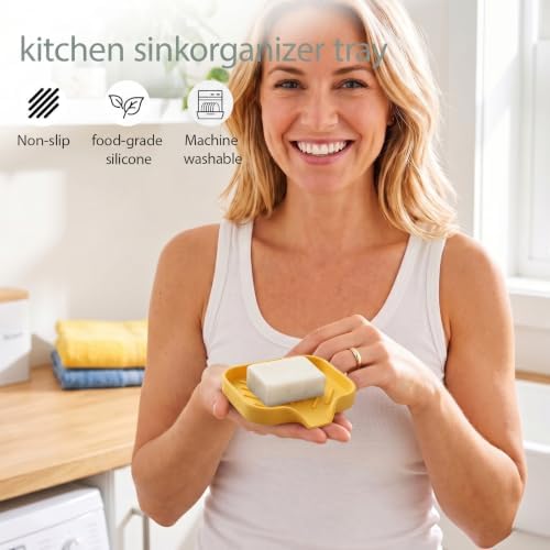 MicoYang Silicone Soap Dish with Drain Spout, Self-Draining Sink Organizer Tray for Bathroom and Kitchen, Sponges, Dispensers and Soap Holder, Non-Slip & Dishwasher Safe, Yellow (Compact, 4.9"×3.2") - Image 5
