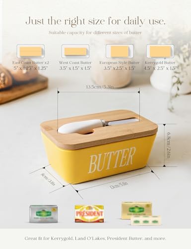 Ceramic Butter Dish with Lid and Knife Silicone Seal for Countertop Yellow - Image 2