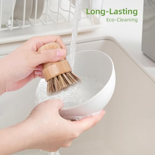 6 Packs Bamboo Dish Scrubber - Hard Bristle Natural Bristle Brush Union Fiber and Tampico Fiber Bamboo Dish Brush for Washing Cast Iron Pan/Pot - Image 6