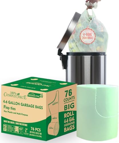 BEIDOU-PAC 4-6 Gallon Flap Tie Compostable Trash Bags, 76 Count, Kitchen Compost Bags, Sturdy Garbage Bags for Food Scrap Waste, ASTM D6400, US BPI Certified by BEIDOU-PAC