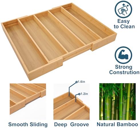 Fibogollo Expandable Bamboo Silverware Organizer, Kitchen Drawer Organizer - Image 5