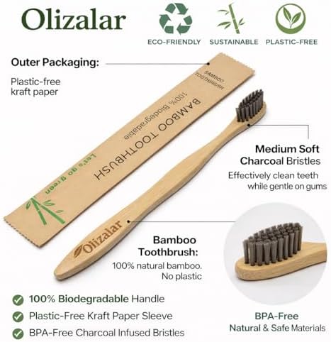 100 Pack Bamboo Toothbrush for Adults, Medium Soft Charcoal Bristles, Eco Friendly Wooden Natural Toothbrushes, Biodegradable Handle Oral Care Toothbrush - Image 4