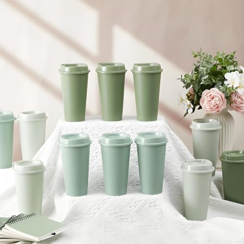 FillTouch 12 Pcs 16 oz Reusable Coffee Cups with Lids, Green Gradient - Image 4
