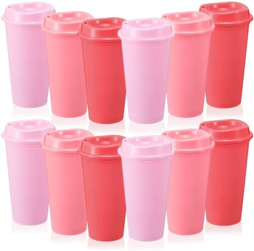 FillTouch 12 Pcs 16 oz Reusable Coffee Cups with Lids, Pink Gradient by FillTouch