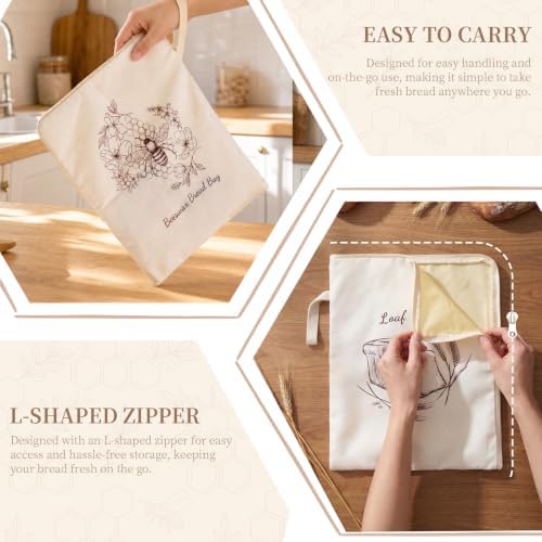 Beeswax Sourdough Bread Bags with Wide Zipper Access, 2 Pack XL 13" x 17" Reusable Linen Cotton Bread Bags for Homemade Bread, Helps Maintain Crust & Freshness (Double-Sided Print Design) - Image 5