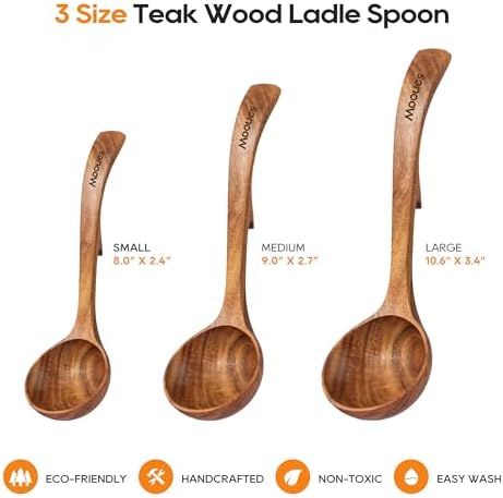 Wooden Ladle for Soup, 3 Size Teak Wood Ladle Spoon with Back Hooks, Heat Resistant Wooden Spoons for Cooking, Non-Stick, Comfortable Grip, Wood Kitchen Utensils Set for Serving, Stirring - Image 5