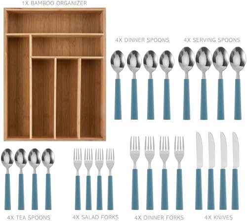 COOK WITH COLOR Bamboo Kitchen Utensil Set with Drawer Organizer | Cooking Tools and Storage Caddy, Blue, 25 Piece Cutlery Set - Image 2