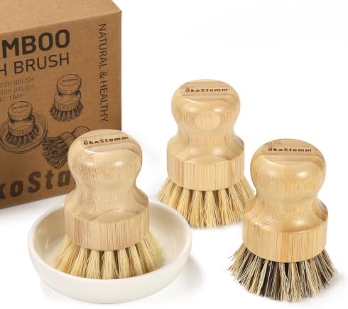 4-PCS Natural Bamboo Dish Brush with Ceramic Tray for Cleaning by %C3%96KOSTAMM