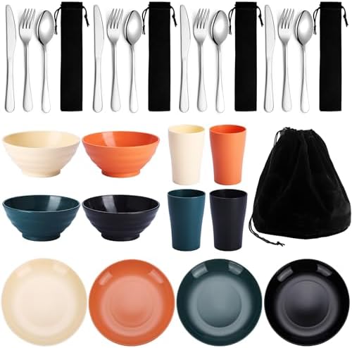 Kyraton Camping Utensils - Mess Kit for Travel, Picnic, Outdoor, Camping Gear - Silverware Set, Cup, Bowl, Plate - Essentials for 4 by Kyraton