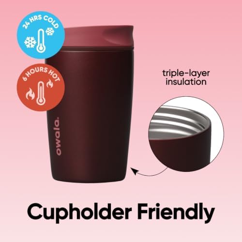 Owala SmoothSip Slider Insulated Stainless Steel Coffee Tumbler, Reusable Iced Coffee Cup, Hot Coffee Travel Mug, BPA Free 12 oz, Black Cherry - Image 2