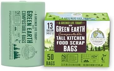 Green Earth Compostable Tall Kitchen Food Scrap Trash Bags, Compost Bin Compatible, 13 Gallon, 49 Liter, 200-Count, Superior Strength 0.9 Mil, ASTM D6400, BPI (US) & OK Compost Home (EU) Certified by GreenEarthCompostable