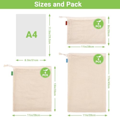 Pack of 12 Reusable Grocery Bags, 3 Sizes (4xS+4xM+4xL) Reusable Shopping Bags Heavy Duty Cotton Bags Mesh Bags for Vegetables, Enhanced Closure Edge, Double Stitched, with Tare Weight - Image 2
