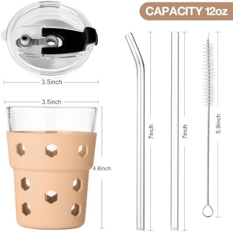 Mrsdry 12oz Iced Coffee Cup with Lids and Straws, BPA Free Reusable Glass Coffee Cups with Silicone Sleeves for Coffee, Iced tea, Thick Wall Glass Cup - Image 2