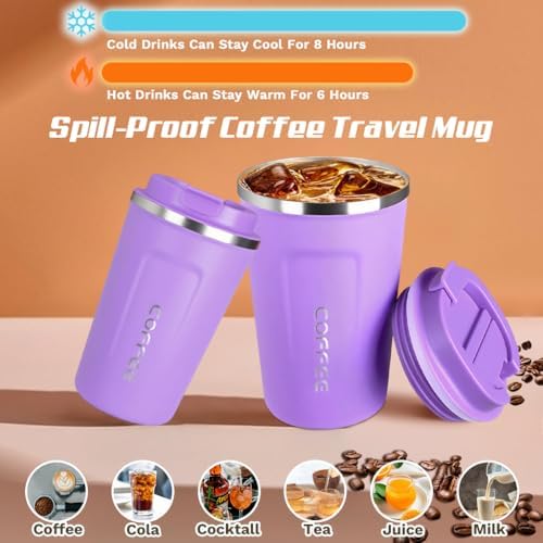 SPLMIFA Travel coffee mugs leak-proof, reusable coffee cup with lid, stainless steel vacuum insulated coffee tumblers, thermal insulation cups for men & women keep drinks hot & cold (2nd-Purple, 12OZ) - Image 2