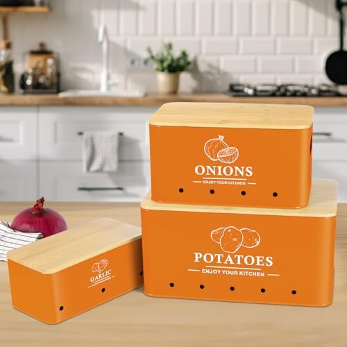 Kitchen Vegetable Storage Set of 3, Metal Onion Garlic Potato Storage Set, Kitchen Canisters Vegetable Keeper Containers with Aerating Holes and Bamboo Lid,Orange - Image 2