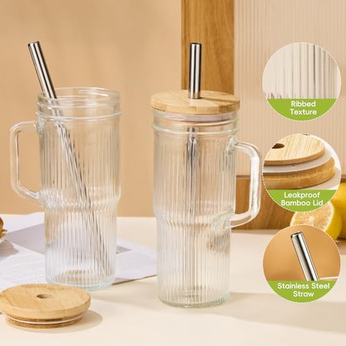 JunVpic Glass Tumbler, 24 oz Ice Coffee Cups with Bamboo Lid and Handle - Image 3