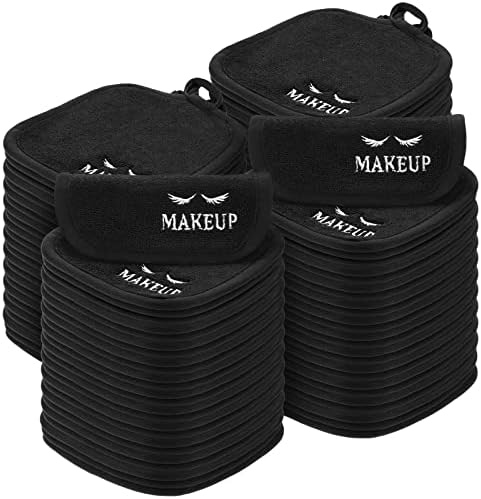 Queekay 48 Pcs Makeup Remover Cloths Reusable Washable Remover Pads Soft Microfiber Face Towels Facial Cleansing Cloths for Face Hand Eye Lips Bathroom Gift for Women 5 x 5 Inch(Black) by Queekay