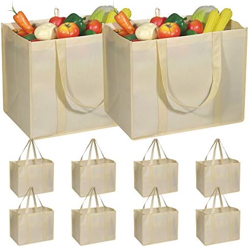 DIOMMELL 10 Pack Reusable Grocery Bags Extra Large Super Strong Heavy Duty Shopping Tote Bags with Reinforced Handles, Beige by DIOMMELL