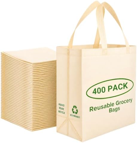 Simply Cool 400 Pack Reusable Grocery Bags, Medium Tote Bags Bulk, Cream by SimplyCool