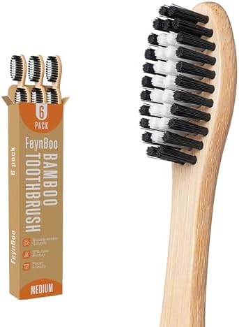 Bamboo Toothbrushes Medium Bristles 6 Pack - BPA Free Bristles Toothbrushes for Adults - Eco-Friendly, Natural Wooden Toothbrush (Light Brown, White, Black) by Unknown