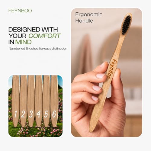 Bamboo Toothbrushes Hard Bristles 6 Pack - BPA Free Bristles Toothbrushes for Adults - Eco-Friendly, Natural Wooden Toothbrush (Light Brown, Black). - Image 3