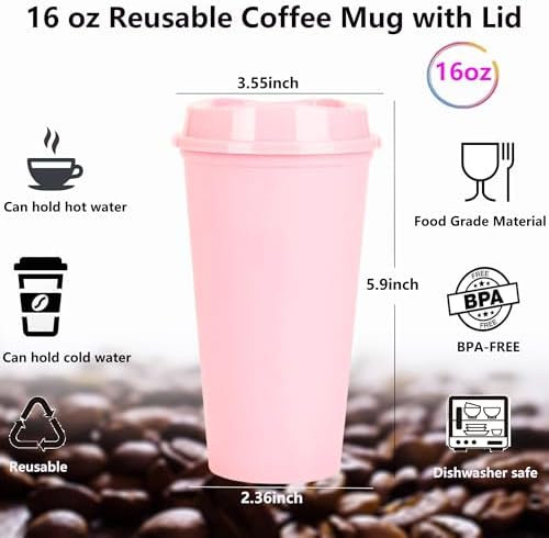 20 Pack Reusable Coffee Cups with Lids 16 oz Plastic Tumblers Travel Mug Iced Coffee Cup for Adults and Women Hot and Cold Drinks, Microwaveable (Pink) - Image 2