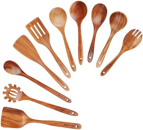 Mooues Wooden Spoons for Cooking, Wooden Utensils for Cooking Natural Teak Wooden Kitchen Utensils Set Comfort Grip (10 PCS SET) by Mooues