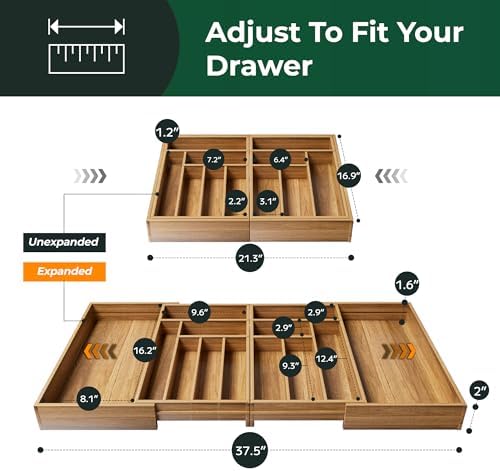 Large Silverware Organizer, 13 Slots Magnetic Connected Expandable Acacia Wood Utensil Drawer Organizer From 21 to 37.4 Inches, Adjustable Flatware and Cutlery Holder, Utensil Tray for Kitchen Natural - Image 3