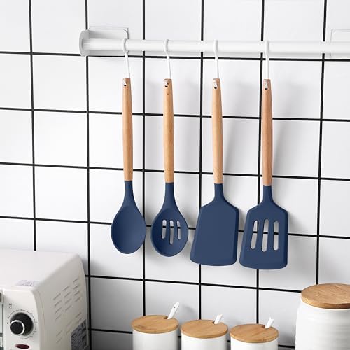 Country Kitchen Non Stick Silicone Utensil Set with Rounded Wood Handles for Cooking and Baking, 14 Piece Set, Navy - Image 3